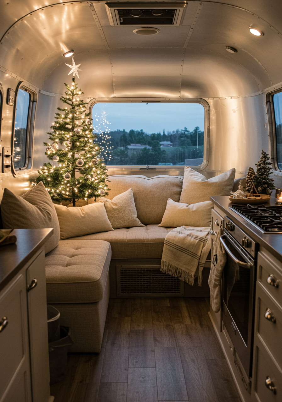 Cozy Airstream interior with a lit Christmas tree and snowy view outside