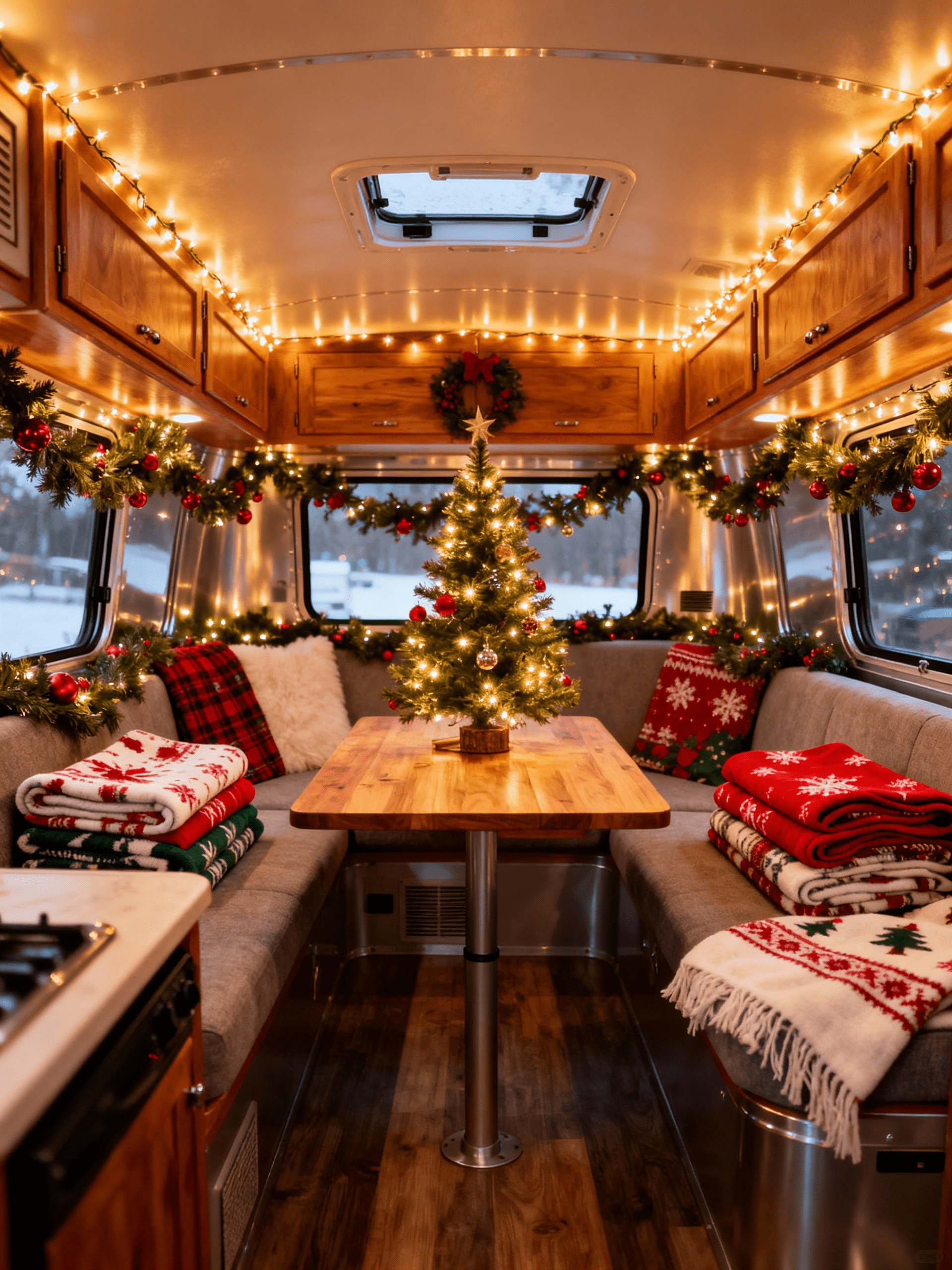 Airstream interior decorated for Christmas with string lights and holiday blankets