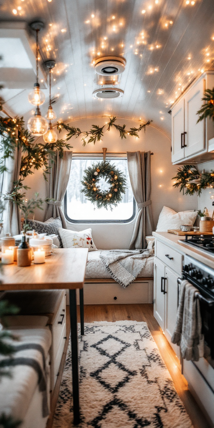 Airstream interior with Christmas wreath, string lights, candles, and boho rug