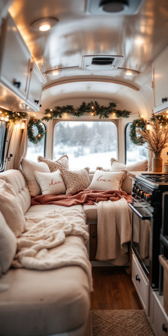 Airstream interior with Christmas wreaths and cream sofa overlooking snowy landscape